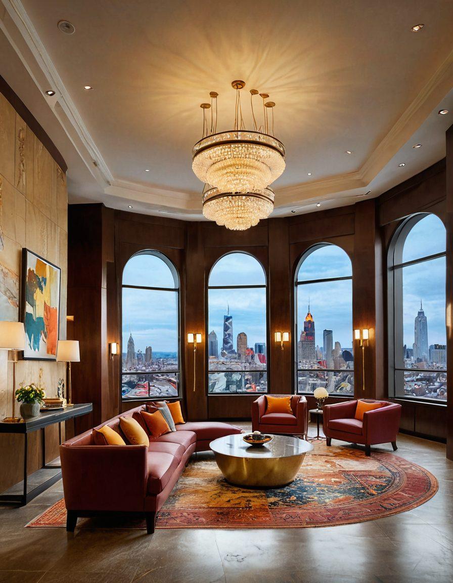 An inviting hotel lobby with plush seating, warm lighting, and an elegant reception desk. A diverse group of travelers is happily checking in, surrounded by vibrant hotel decor. In the background, a stunning view of a city skyline through large glass windows. Various travel-related items like suitcases and maps are subtly integrated into the scene. super-realistic. vibrant colors.