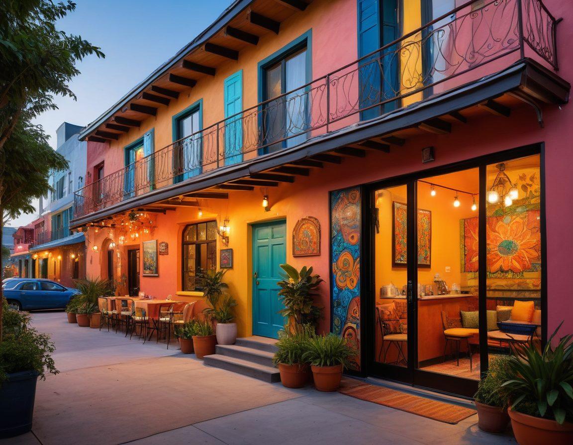 An inviting Airbnb or boutique hotel nestled in a vibrant local neighborhood, showcasing unique architecture and traditional decor. Captivating street scenes with cultural elements like street food vendors, local art, and smiling residents engaging with travelers. Warm, enchanting lighting that captures the essence of adventure and discovery. super-realistic. vibrant colors. soft focus.