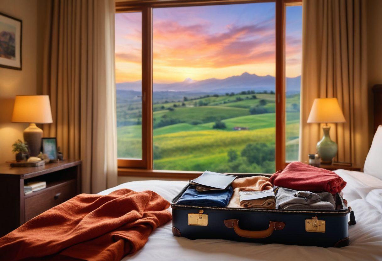 A cozy travel scene featuring a beautifully decorated hotel room with a large window overlooking a stunning landscape. Include a passport, a travel guide, and a smartphone displaying a booking app on a bedside table. Soft lighting creates a warm, inviting atmosphere. Illustrate a travel enthusiast happily packing their suitcase in the background. super-realistic. vibrant colors. emphasis on warmth and comfort.
